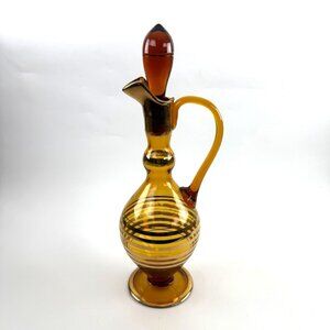 Beautiful Vintage Amber Glass Wine Decanter With Gold Stripes Retro MCM